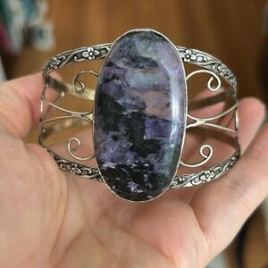 Vintage Large Charoite Stone Sterling Silver Stamped Cuff Floral Bracelet